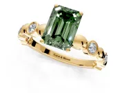 Solitaire Engagement Ring Setting for Fancy Green Emerald Cut Center with Beaded Bezel Station Band and Prong Head in Yellow Gold