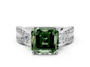 3 Stone Engagement Ring Setting for Fancy Green Asscher Cut Center with Pave Twist Band and Prong Head in White Gold