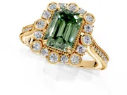 Milgrain Halo Engagement Ring Setting for Fancy Green Emerald Cut Center with Bezel Point Accents and Prong Head in Yellow Gold