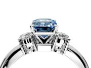 3 Stone Engagement Ring Setting for Fancy Blue Emerald Cut Center with Wide Plain Band and Prong Head in White Gold