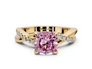 Solitaire Engagement Ring Setting for Fancy Pink Cushion Cut Center with Half-Pave Crossover Band and Prong Head in Yellow Gold
