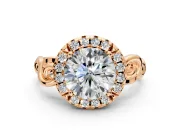 Halo Engagement Ring Setting for Round Cut Center with Open Scroll Shoulders and Prong Head in Rose Gold