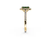 Halo Engagement Ring Setting for Fancy Green Emerald Cut Center with Raised Halo, Pave Band and Prong Head in Yellow Gold