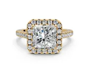 Halo Engagement Ring Setting for Princess Cut Center with Raised Halo, Pave Band and Prong Head in Yellow Gold