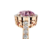 Halo Engagement Ring Setting for Fancy Pink Round Cut Center with Heart-Shaped Openwork, Pave Band and Prong Head in Rose Gold