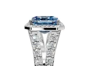 Halo Engagement Ring Setting for Fancy Blue Asscher Cut Center with Narrow Pave Split Shank and Prong Head in Platinum