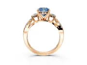 3 Stone Engagement Ring Setting for Fancy Blue Cushion Cut Center with Pave Split Shank and Prong Head in Rose Gold