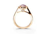 Halo Engagement Ring Setting for Fancy Pink Pear-Shaped Center with Outer Bezel Rim, Pave Band and Prong Head in Rose Gold