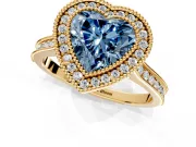 Halo Engagement Ring Setting for Fancy Blue Heart-Shaped Center with Milgrain Pave Band and Bezel Head in Yellow Gold