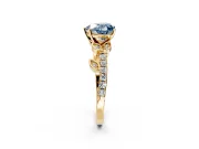 Leaf Motif Engagement Ring Setting for Fancy Blue Heart-Shaped Center with Pave Band and Prong Head in Yellow Gold