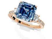 3 Stone Engagement Ring Setting for Fancy Blue Asscher Cut Center with Round Cut Side Accents and Prong Head in Rose Gold