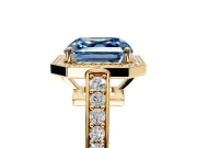 Bezel-Framed Halo Engagement Ring Setting for Fancy Blue Asscher Cut Center with Pave Band and Prong Head in Yellow Gold