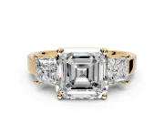 3 Stone Engagement Ring Setting for Asscher Cut Center with Matching Side Accents and Prong Head in Yellow Gold