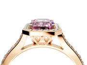 Halo Engagement Ring Setting for Fancy Pink Emerald Cut Center with Pave Accents, Heart Basket and Prong Head in Rose Gold