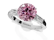 3 Stone Engagement Ring Setting for Fancy Pink Round Cut Center with Baguette Accents and Prong Head in Sterling Silver