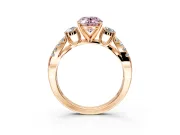 3 Stone Engagement Ring Setting for Fancy Pink Oval Center with Pave Split Shank and Prong Head in Rose Gold