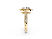 Milgrain Halo Engagement Ring Setting for Oval Center with Three-Sided Pave Band and Prong Head in Yellow Gold