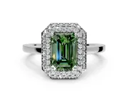 Halo Engagement Ring Setting for Fancy Green Emerald Cut Center with Plain Tapered Band and Prong Head in Sterling Silver