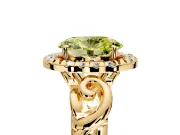 Halo Engagement Ring Setting for Fancy Yellow Oval Center with Open Scroll Shoulders and Prong Head in Yellow Gold