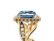 Halo Engagement Ring Setting for Fancy Blue Asscher Cut Center with Leaf Motif Split Shank and Prong Head in Yellow Gold