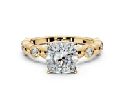 Solitaire Engagement Ring Setting for Cushion Cut Center with Beaded Bezel Station Band and Prong Head in Yellow Gold