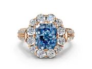 Large Accent Halo Engagement Ring Setting for Fancy Blue Radiant Cut Center with Pave Split Shank and Prong Head in Rose Gold