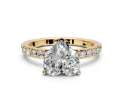 Solitaire Engagement Ring Setting for Heart-Shaped Center with Round Cut Pave Band and Prong Head in Yellow Gold