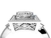 Halo Engagement Ring Setting for Princess Cut Center with Milgrain Rim, Pave Band and Prong Head in White Gold