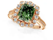 Milgrain Halo Engagement Ring Setting for Fancy Green Radiant Cut Center with Bezel Point Accents and Prong Head in Rose Gold