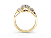 3 Stone Engagement Ring Setting for Round Cut Center with Matching Side Accents and Prong Head in Yellow Gold