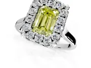 Single Halo Engagement Ring Setting for Fancy Yellow Emerald Cut Center with Corner Claws, Plain Band and Prong Head in Platinum