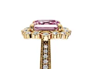 Milgrain Halo Engagement Ring Setting for Fancy Pink Asscher Cut Center with Bezel Point Accents and Prong Head in Yellow Gold