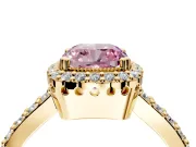 Halo Engagement Ring Setting for Fancy Pink Cushion Cut Center with Inner Milgrain Border and Prong Head in Yellow Gold