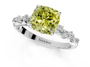 Cluster Engagement Ring Setting for Fancy Yellow Cushion Cut Center with Round Cut Accent Band and Prong Head in White Gold