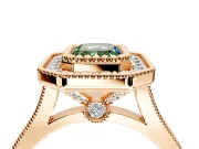 Halo Engagement Ring Setting for Fancy Green Emerald Cut Center with Milgrain Frame, Pave Band and Prong Head in Rose Gold