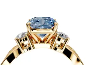 3 Stone Engagement Ring Setting for Fancy Blue Cushion Cut Center with Pave Twist Band and Prong Head in Yellow Gold