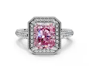 Milgrain Halo Engagement Ring Setting for Fancy Pink Radiant Cut Center with Three-Sided Pave Band and Prong Head in White Gold