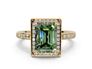 Halo Engagement Ring Setting for Fancy Green Emerald Cut Center with Metal-Rimmed Halo, Pave Band and Prong Head in Yellow Gold