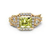 Milgrain Halo Engagement Ring Setting for Fancy Yellow Princess Cut Center with Shoulder Bezels and Prong Head in Yellow Gold