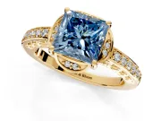 Floral Engagement Ring Setting for Fancy Blue Princess Cut Center with Four Accent Clusters and Prong Head in Yellow Gold
