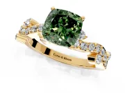 Solitaire Engagement Ring Setting for Fancy Green Cushion Cut Center with Bar-Station Pave Twist and Prong Head in Yellow Gold