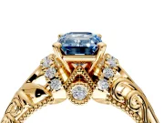 Solitaire Engagement Ring Setting for Fancy Blue Emerald Cut Center with Filigree Accent Basket and Prong Head in Yellow Gold