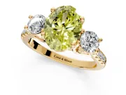 3 Stone Engagement Ring Setting for Fancy Yellow Oval Center with Crossover Basket, Pave Band and Prong Head in Yellow Gold