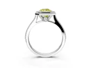 Halo Engagement Ring Setting for Fancy Yellow Radiant Cut Center with Milgrain Pave Band and Bezel Head in White Gold
