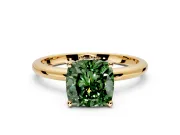 Hidden Halo Engagement Ring Setting for Fancy Green Cushion Cut Center with Thin Round-Wire Band and Prong Head in Yellow Gold