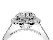 Halo Engagement Ring Setting for Round Cut Center with Raised Halo, Pave Band and Prong Head in Platinum