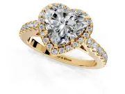 Halo Engagement Ring Setting for Heart-Shaped Center with Full Pave Band and Prong Head in Yellow Gold