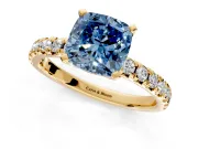 Solitaire Engagement Ring Setting for Fancy Blue Cushion Cut Center with Large Accents and Prong Head in Yellow Gold