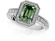 Milgrain Halo Engagement Ring Setting for Fancy Green Emerald Cut Center with Wide Pave Band and Prong Head in Platinum