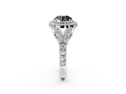 Double Halo Engagement Ring Setting for Fancy Green Round Cut Center with Narrow Pave Split Shank and Prong Head in Platinum